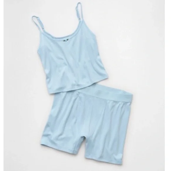 AE Pointelle Boy Short PJ Set in Blue - Picture 1 of 2